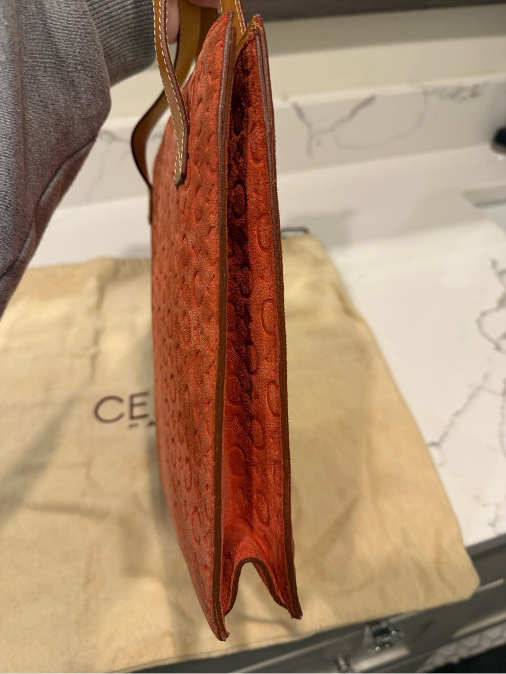 Celine Orange Suede Tote with Tan Leather Handles - Picture 6 of 12